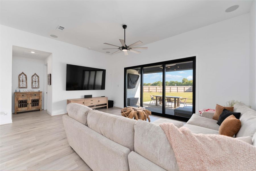 Large sliding glass walls to view the expansive backyard. Large sliding glass walls to view the expansive backyard.