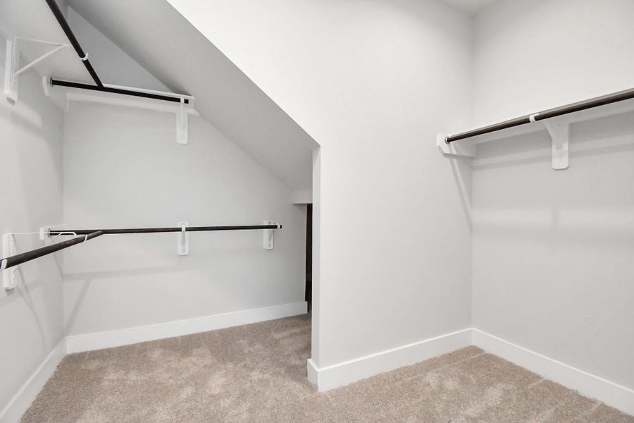 Explore the roomy walk-in closet adorned with shelving, plush carpet, custom paint, and dark modern finishes. Sample photo of completed home with similar floor plan. Actual colors and selections may vary. Explore the roomy walk-in closet adorned with shelving, plush carpet, custom paint, and dark modern finishes. Sample photo of completed home with similar floor plan. Actual colors and selections may vary.