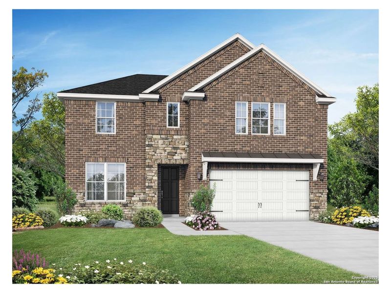 Front exterior of a new home in Hickory Ridge, Elmendorf, TX, highlighting curb appeal (Image 1).