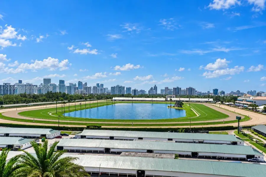Aerial perspective featuring a racetrack, central water feature, and expansive skyline backdrop