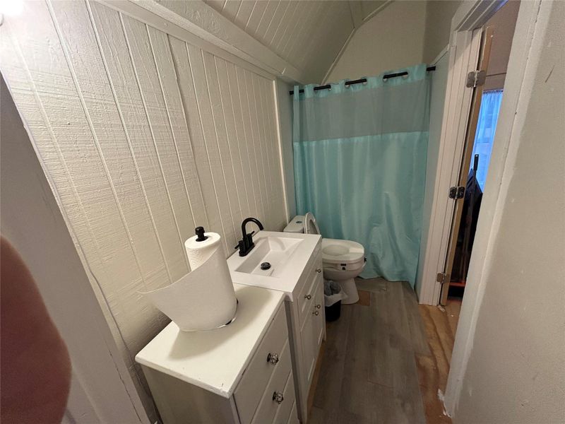 Full bathroom with curtained shower, vanity, dark wood-type flooring, and vaulted ceiling