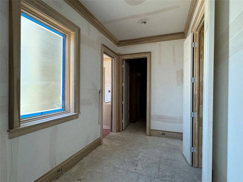 Hallway to the Dual Primary Closets and Primary Bathroom. Under construction as of 1/19/24.