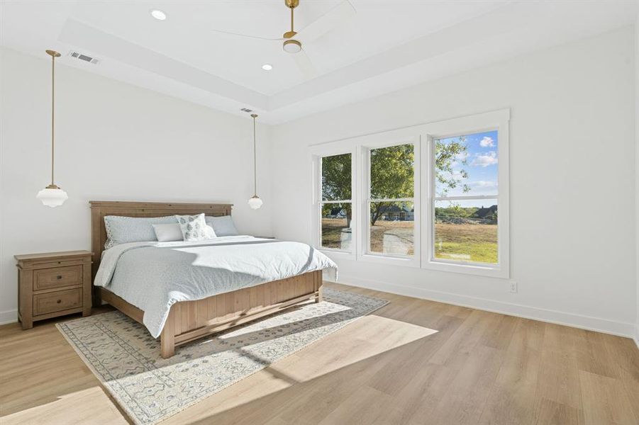 Another tray ceiling with perfect light fixtures, and another wall of beautifully-cased windows facing the backyard.