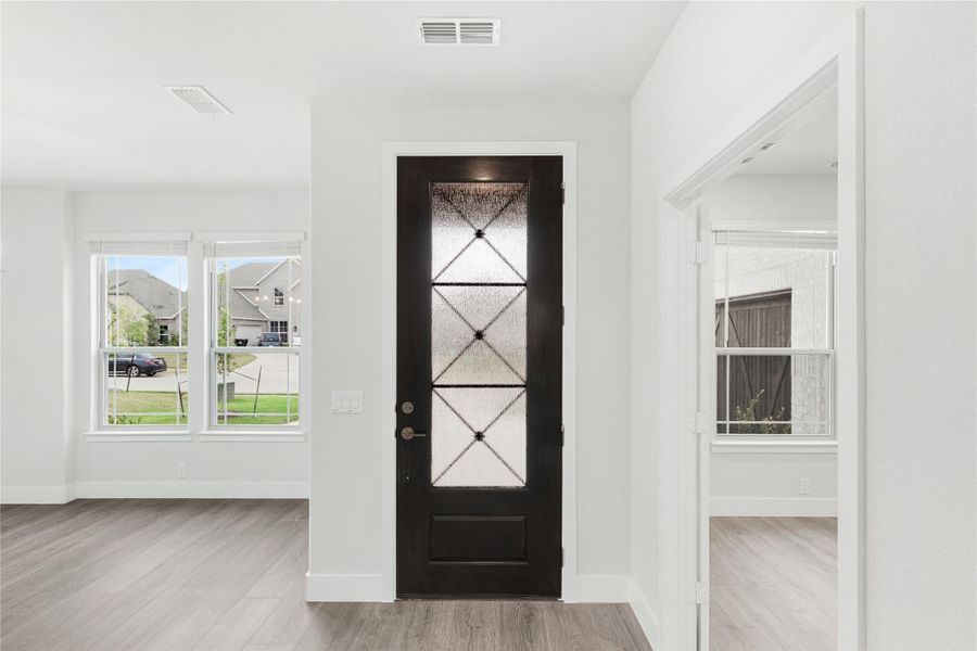 Entryway with dark front door featuring decorative glass panels, white walls, and light wood floors