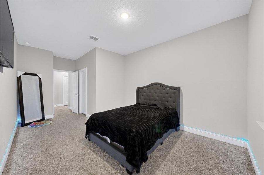 Bedroom with light carpet