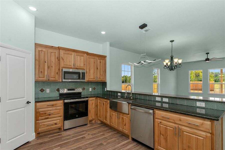 Kitchen featuring stainless steel appliances, tasteful backsplash, dark wood-type flooring, pendant lighting, and dark stone counters