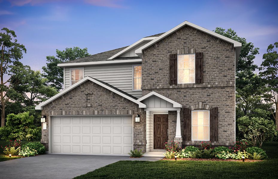 The Sandalwood, a two-story home with 2-car garage, shown with Home Exterior O