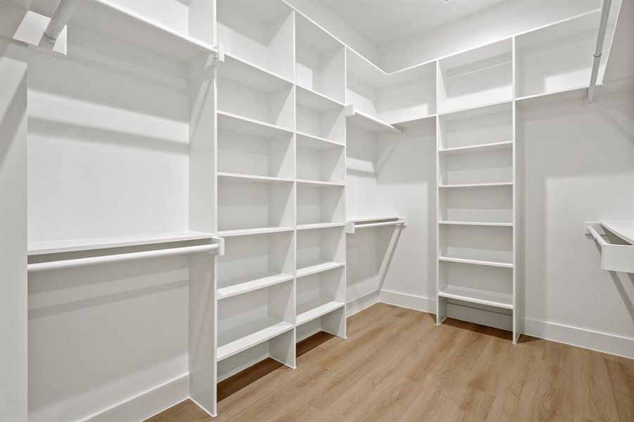 Walk in closet with light hardwood / wood-style floors