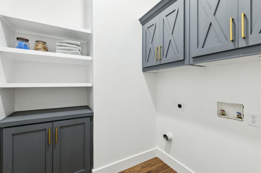 Laundry room with open and closed storage Laundry room with open and closed storage