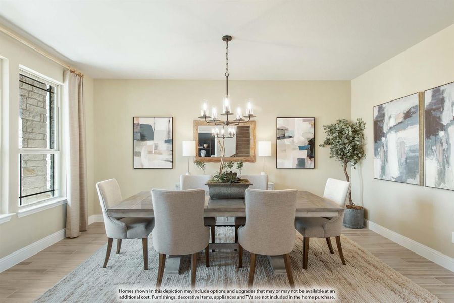 Formal dining room with wood table, six upholstered chairs, chandelier, and light hardwood floors Formal dining room with wood table, six upholstered chairs, chandelier, and light hardwood floors