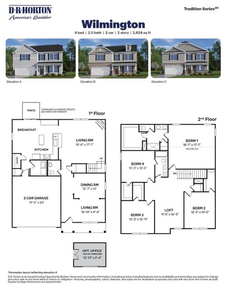 2D floor plan layout for the Wilmington by D.R. Horton in Hawley Glen, Lillington, NC (Image 3).