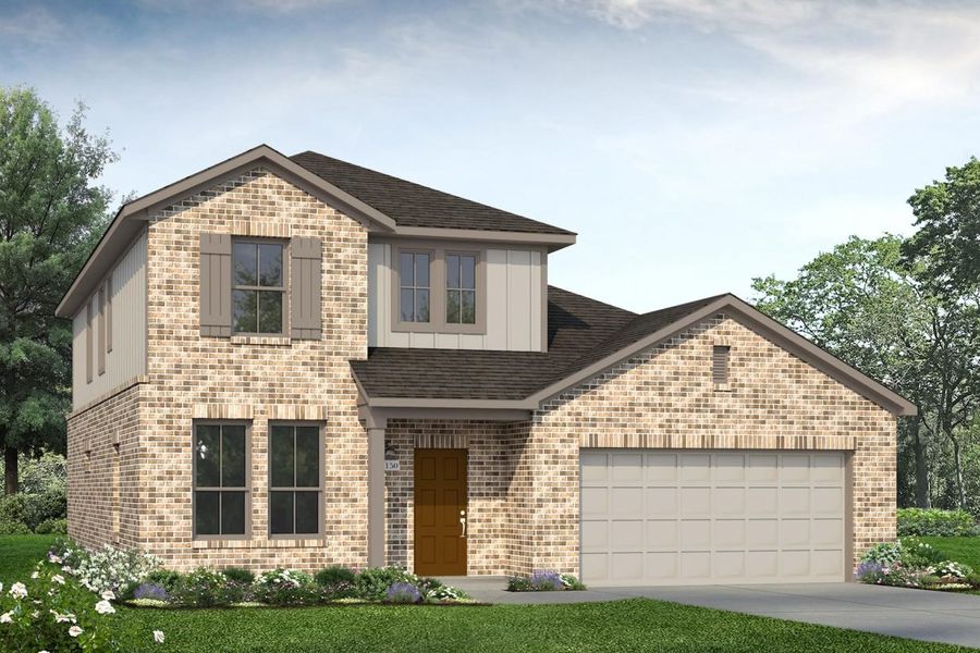Rendering of two story home with two-tone tan stucco, siding, accents, and garage, with light brick, driveway, and landscaping Rendering of two story home with two-tone tan stucco, siding, accents, and garage, with light brick, driveway, and landscaping
