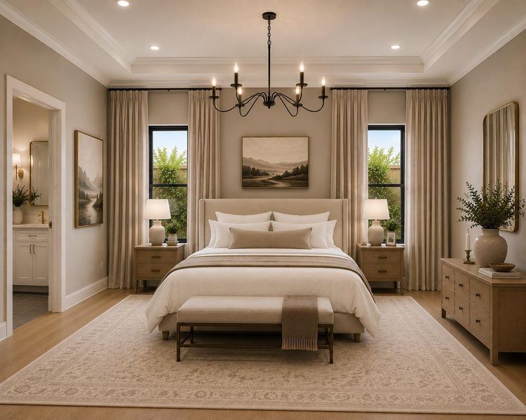 Elegant recessed lighting and a tray ceiling define this refined primary suite.