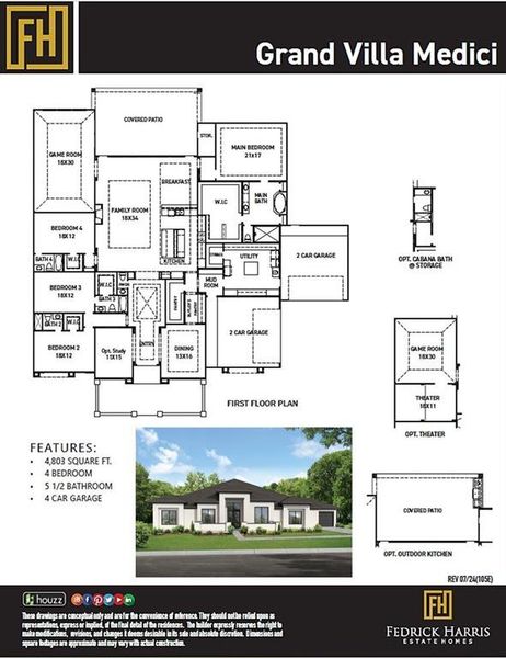 The Grand Villa Medici Plan includes this marvelous modern Elevation 1, shown in stucco with it's sleek and contemporary design. Structural upgrades include a phenomenal front Study with French doors, a Home Theatre to relax in style, as well as an Outdoor Kitchen to entertain and host outdoor gatherings with this oversized Covered Patio!