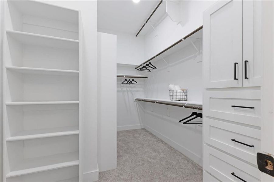 Spacious closet with light carpet