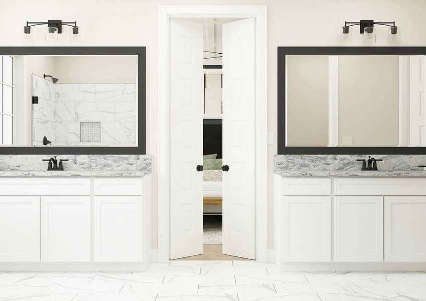 Rendering of master bathroom with two
  single-sink vanities with white cabinets.