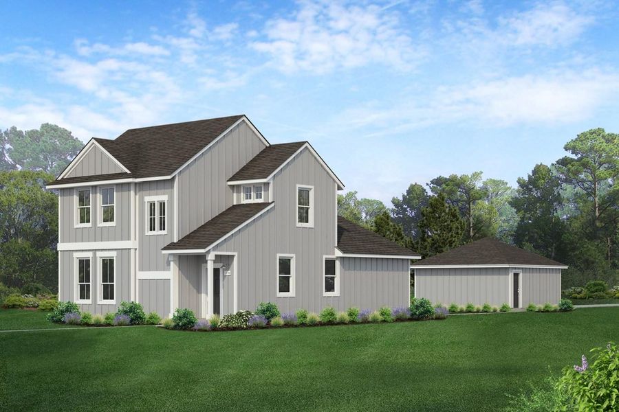 Rendering of two story grey home with black door and detached garage with landscaping and sky Rendering of two story grey home with black door and detached garage with landscaping and sky