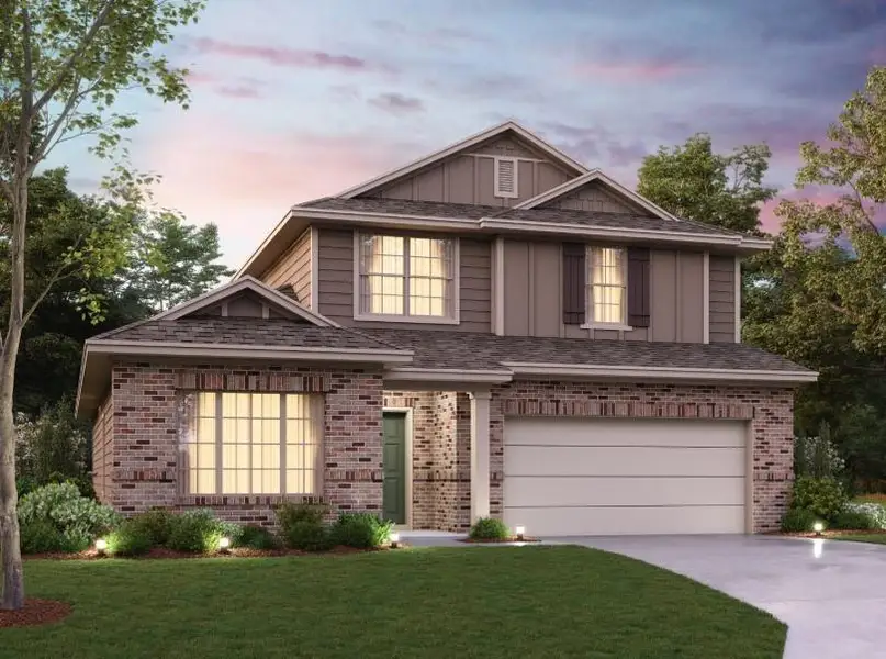 Front exterior of a new home in Pinewood at Grand Texas, New Caney, TX, highlighting curb appeal (Image 1).