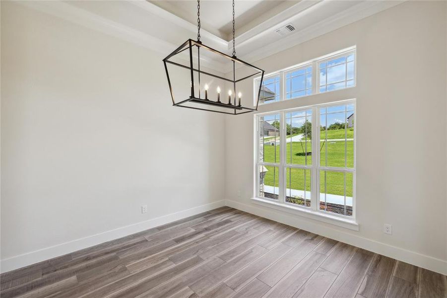 Unfurnished dining area with a tray ceiling, hardwood / wood-style floors, and a chandelier