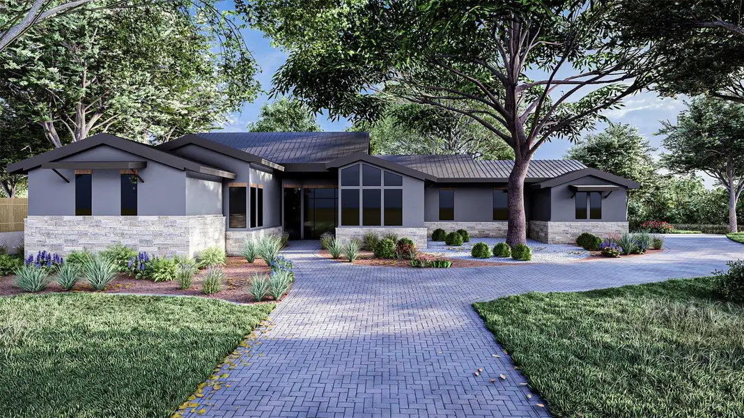 Modern home with stone siding, a front yard, and stucco siding