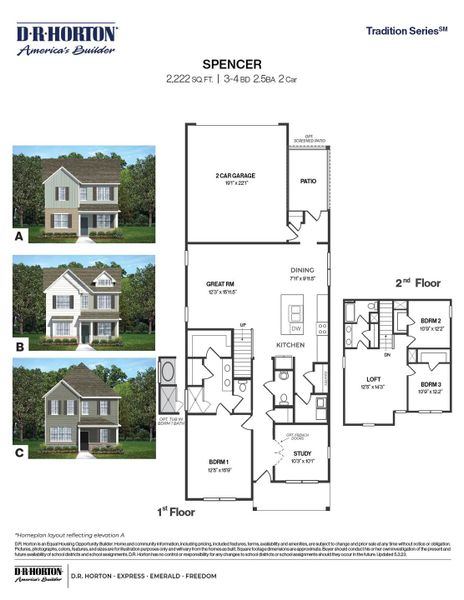 2D floor plan layout for the Spencer by D.R. Horton in The Villas at Haywood Glen, Knightdale, NC (Image 3).