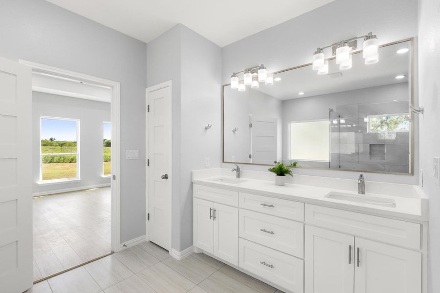 Full bathroom featuring double vanity and a shower stall Full bathroom featuring double vanity and a shower stall