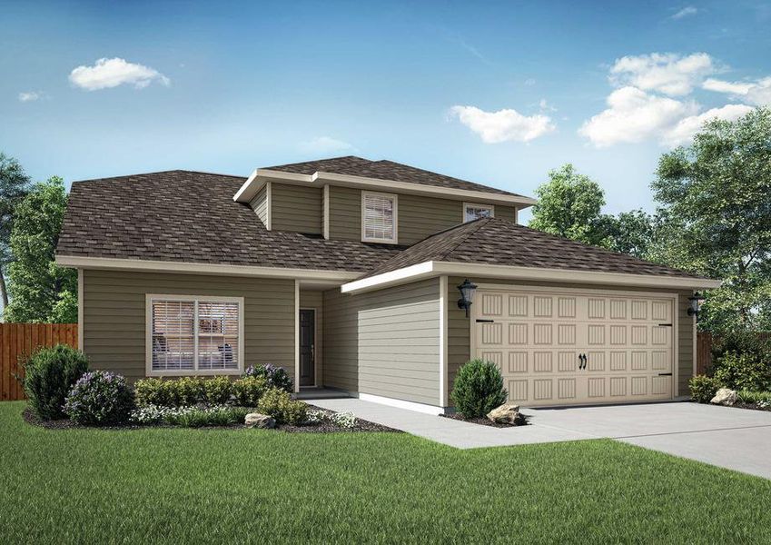 Cypress single-family home with two car garage door, green grass and plants in the front yard, and white trim on brown siding