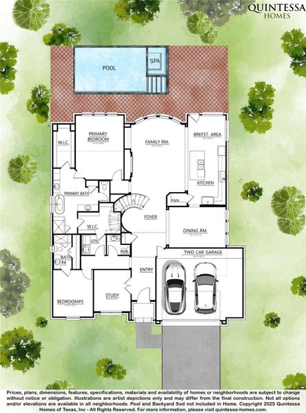 Artist Rendering of 1st Floor on Site Plan. Pool and Backyard Sod Not Included In Home