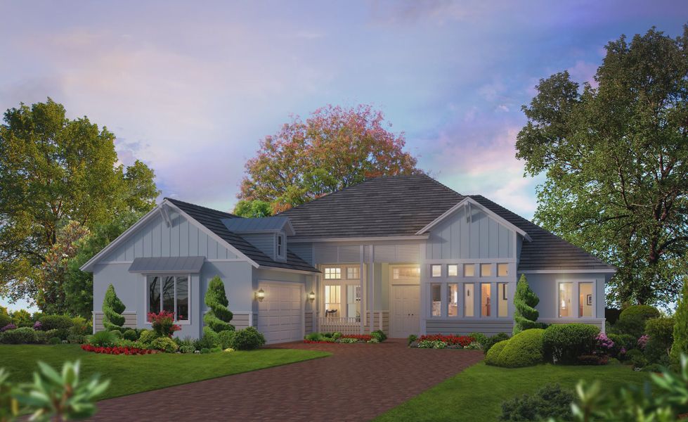 Representative exterior photo of a completed home built from the Egret V by ICI Homes in Plantation Bay, Ormond Beach, FL (Image 7). Representative exterior photo of a completed home built from the Egret V by ICI Homes in Plantation Bay, Ormond Beach, FL (Image 7).