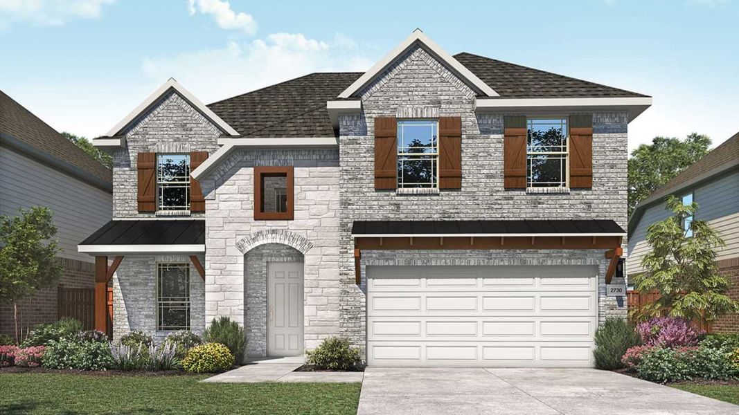 Representative exterior photo of a completed home built from the Mimosa by DRB Homes in Carillon, Manor, TX (Image 2).