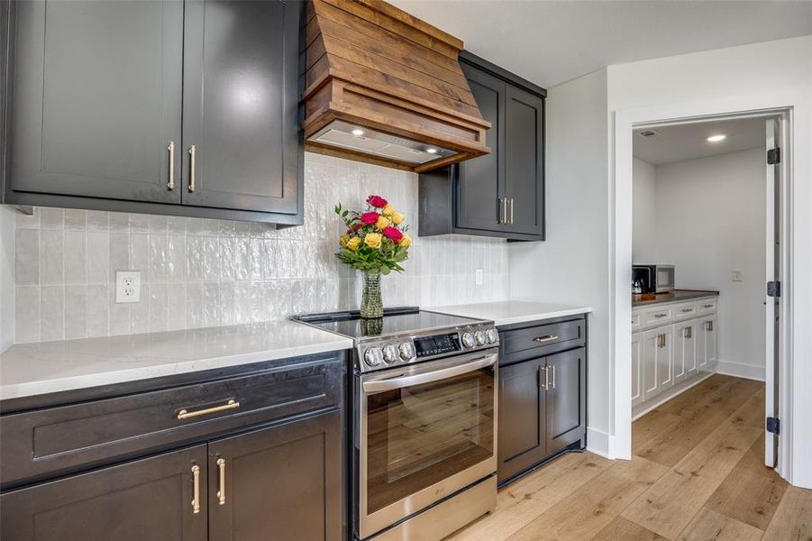 A large walk-in kitchen pantry features beautiful knotty alder counter and plenty of storage.