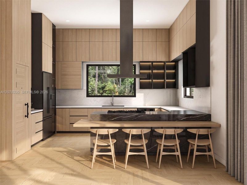 Chef-inspired kitchen with waterfall island, bar seating, sleek cabinetry, and garden views.
