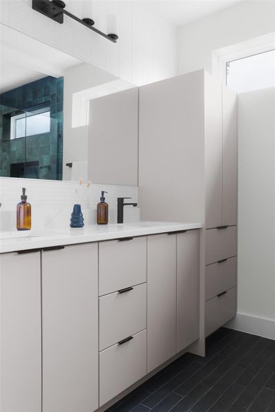 Primary bathroom with double vanity.