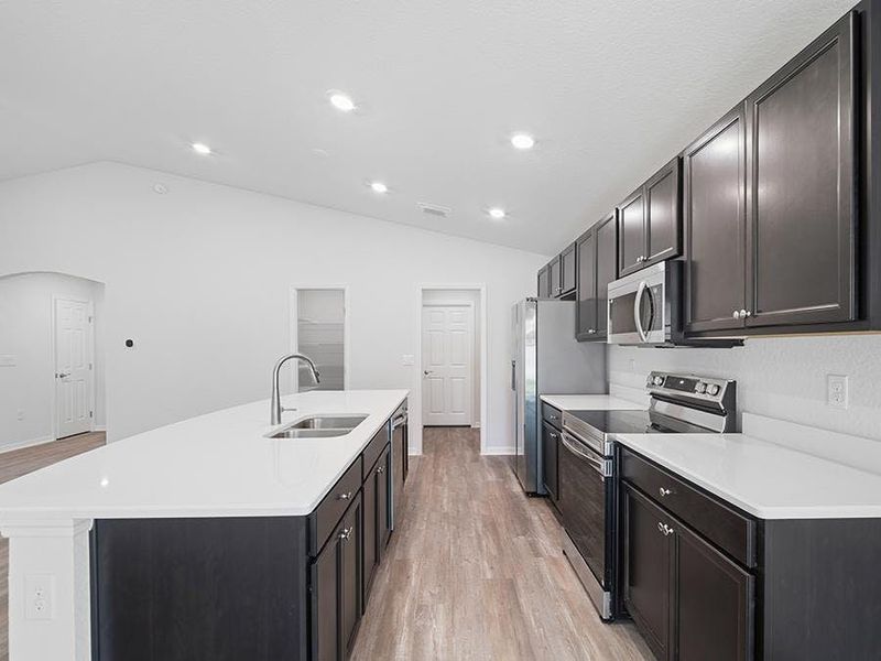 Your new kitchen includes quartz, 36-oin cabinets, Samsung SS appliances, and a walk-in pantry.