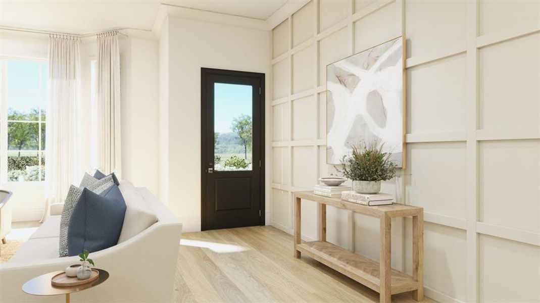 Foyer with light hardwood / wood-style flooring