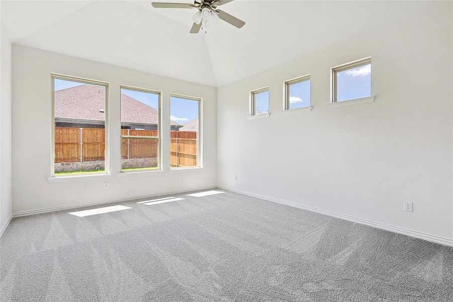 Empty room with carpet floors, vaulted ceiling, and plenty of natural light