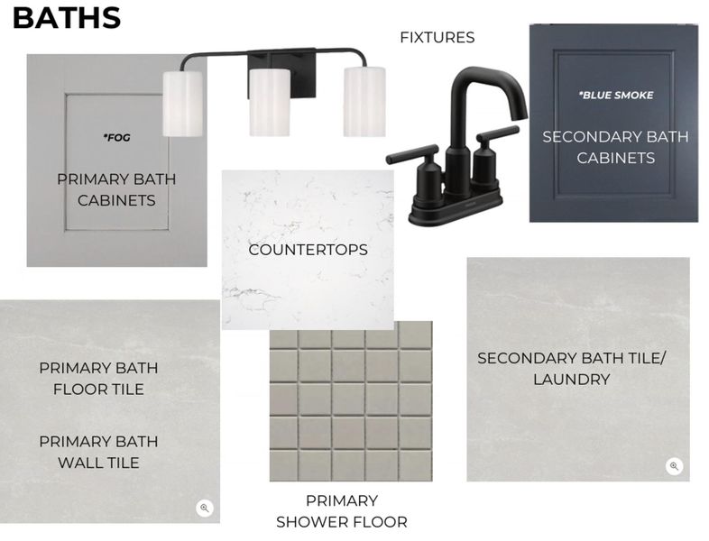 Design Board, Baths Section. Presenting material and fixture selections for the property's primary and secondary baths Design Board, Baths Section. Presenting material and fixture selections for the property's primary and secondary baths