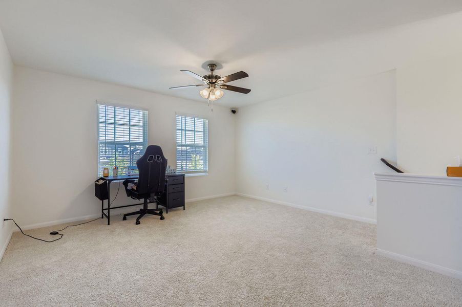 Office area with light colored carpet and a ceiling fan