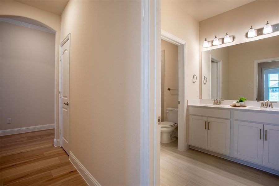 Bathroom with vanity, hardwood / wood-style floors, and toilet