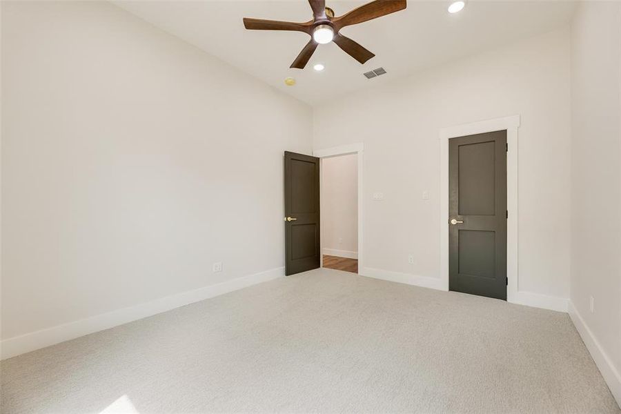 Unfurnished bedroom with carpet flooring, recessed lighting, and ceiling fan