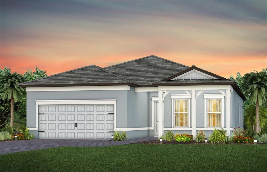 Front exterior of a new home in Two Rivers, Zephyrhills, FL, highlighting curb appeal (Image 1). Front exterior of a new home in Two Rivers, Zephyrhills, FL, highlighting curb appeal (Image 1).