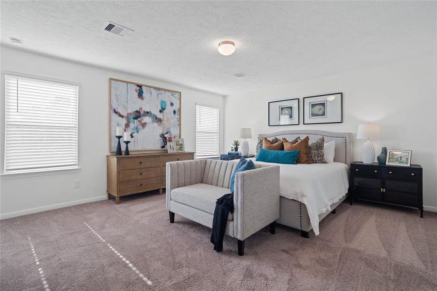 Come and unwind after a long day in this magnificent primary suite! This spacious room features plush carpet, warm paint, high ceilings, and large windows with privacy blinds!