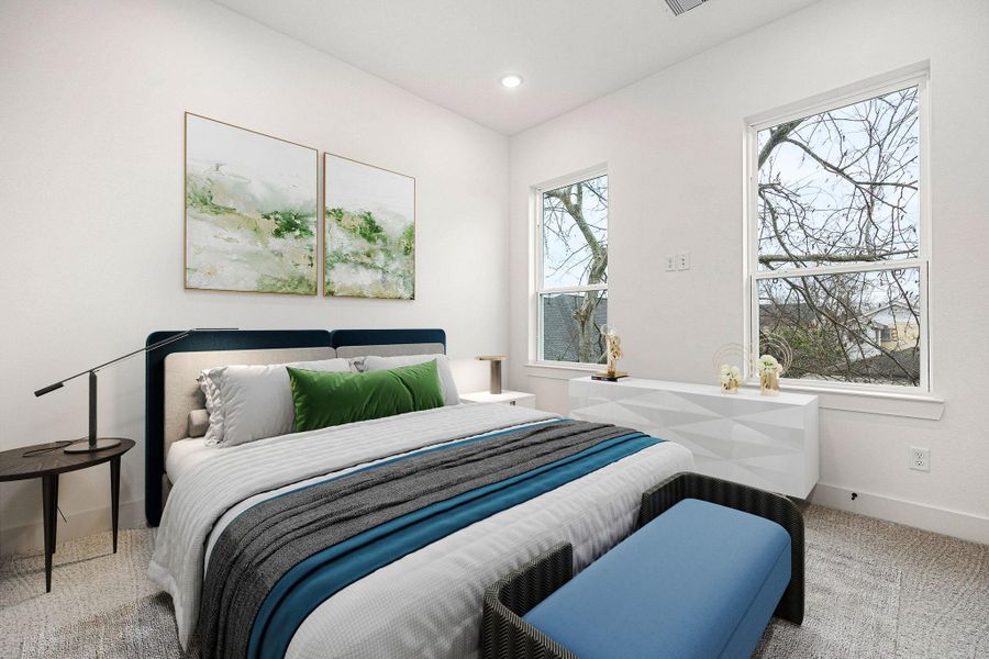 This inviting secondary bedroom offers plush carpeting, elegant recessed lighting, and expansive windows that frame stunning downtown views. Bathed in natural light, this serene space is perfect for relaxation while offering a breathtaking cityscape right from your window. This inviting secondary bedroom offers plush carpeting, elegant recessed lighting, and expansive windows that frame stunning downtown views. Bathed in natural light, this serene space is perfect for relaxation while offering a breathtaking cityscape right from your window.