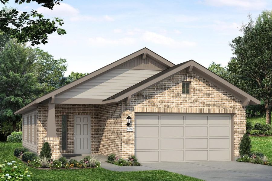 Representative exterior photo of a completed home built from the Hunters Ranch 1450 by Brohn Homes in Hunters Ranch, San Antonio, TX (Image 2). Representative exterior photo of a completed home built from the Hunters Ranch 1450 by Brohn Homes in Hunters Ranch, San Antonio, TX (Image 2).