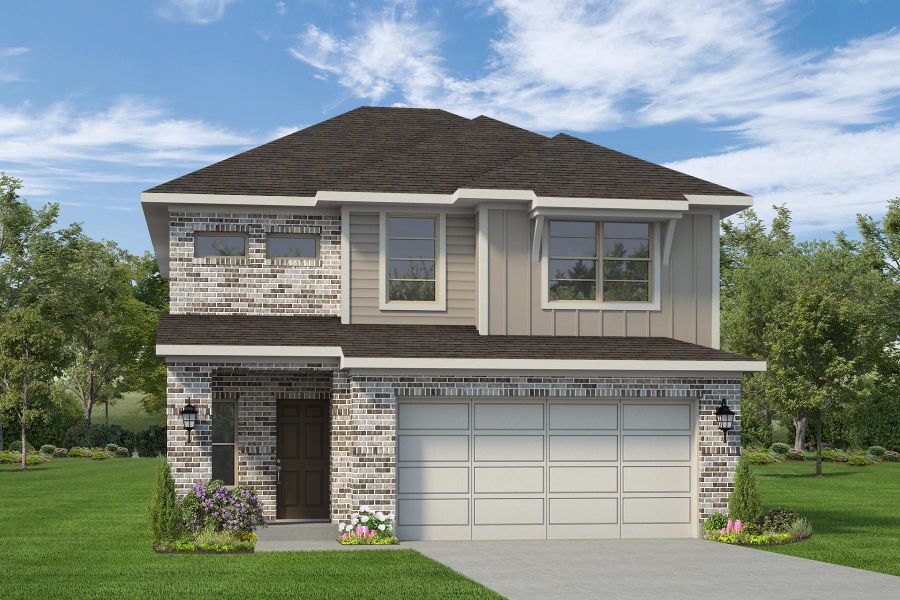 Front exterior of a new home in Aldeana - Tejas Collection, Bonney, TX, highlighting curb appeal (Image 1). Front exterior of a new home in Aldeana - Tejas Collection, Bonney, TX, highlighting curb appeal (Image 1).