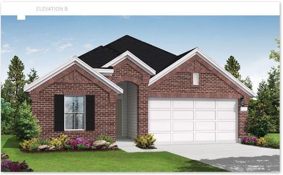 Front exterior of a new home in Pomona 50' & 55', Manvel, TX, highlighting curb appeal (Image 1).