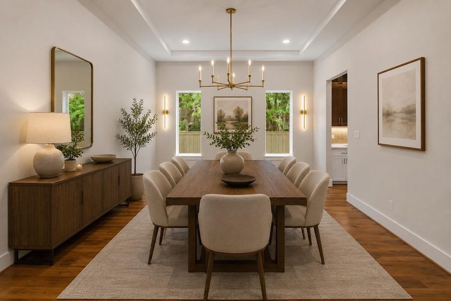 This beautifully appointed dining room blends timeless elegance with contemporary style,  warm wood floors and sophisticated neutral finishes that create an inviting atmosphere for both intimate dinners and grand entertaining. Virtually staged to illustrate furnishing possibilities
