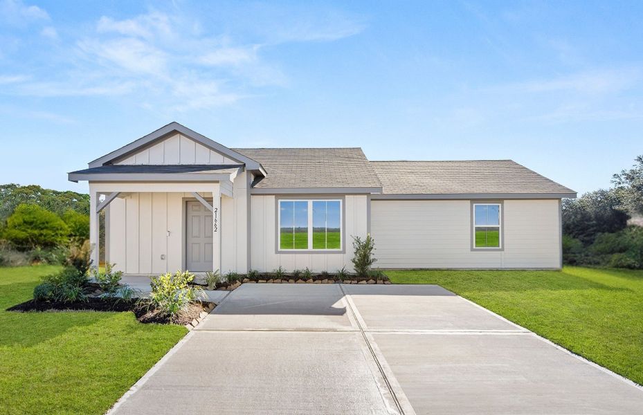 Front exterior of a new home in The Courtyards at Stokesbury, Waller, TX, highlighting curb appeal (Image 1). Front exterior of a new home in The Courtyards at Stokesbury, Waller, TX, highlighting curb appeal (Image 1).