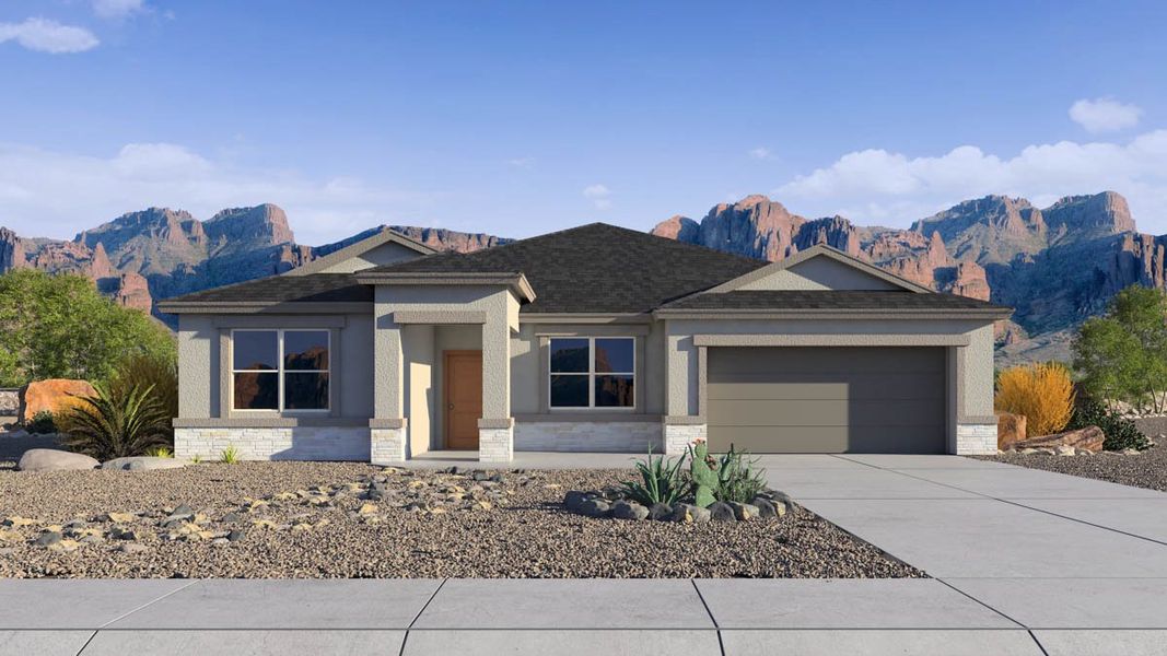 Front exterior of a new home in Carlton Commons, Casa Grande, AZ, highlighting curb appeal (Image 1). Front exterior of a new home in Carlton Commons, Casa Grande, AZ, highlighting curb appeal (Image 1).