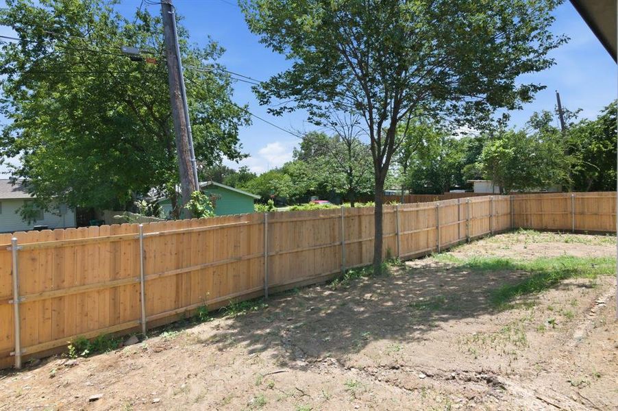 Spacious backyard featuring a new wood privacy fence, mature shade tree, and ample open ground